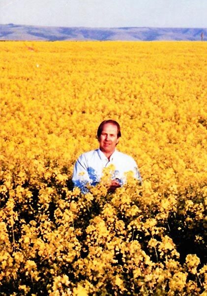 David in Canola field with the Blue Mountains in the background